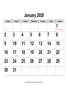 2028 Large-Number Calendar, Landscape with Holidays